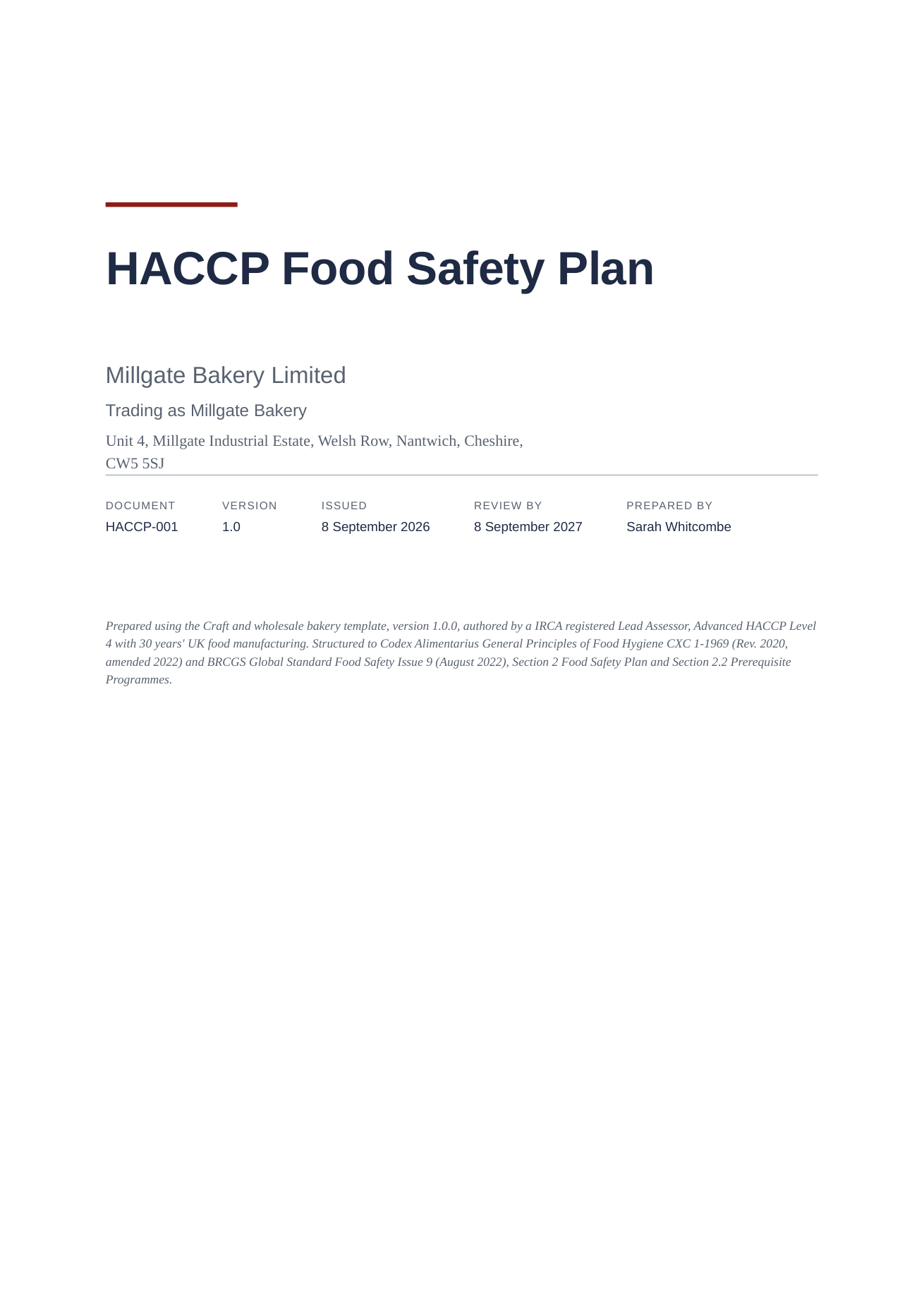 The cover page of the sample plan.
